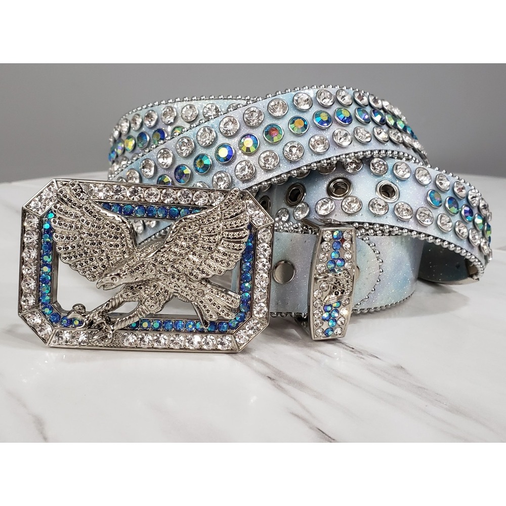 SIZE 4XL - DNA PREMIUM WEAR BELT EAGLE Rhinestones Western y2k BABY BLUE GLITTER